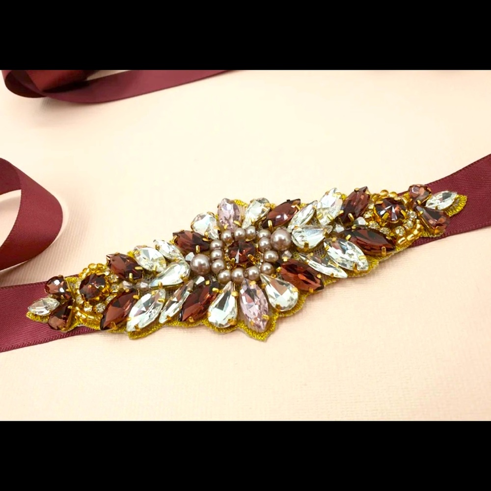 Burgundy Rhinestone Bridal Sash Belt
